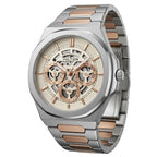 A Hilter men's analog watch with a two-tone silver and rose gold stainless steel link bracelet, featuring a skeletonized beige dial with multiple sub-dials.