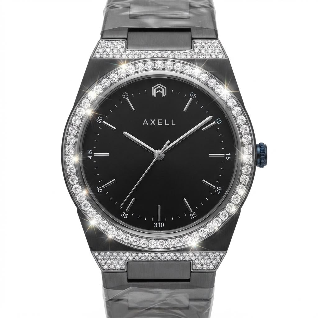 Axell watch with a black dial, black ceramic bracelet, and a bezel and case accented with sparkling clear crystals, shown on a white background with decorative light flares.