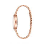 Rose gold women's watch shown from the side profile, featuring a matching rose gold link bracelet and a small round crystal accent on the bezel, set against a plain white background.
