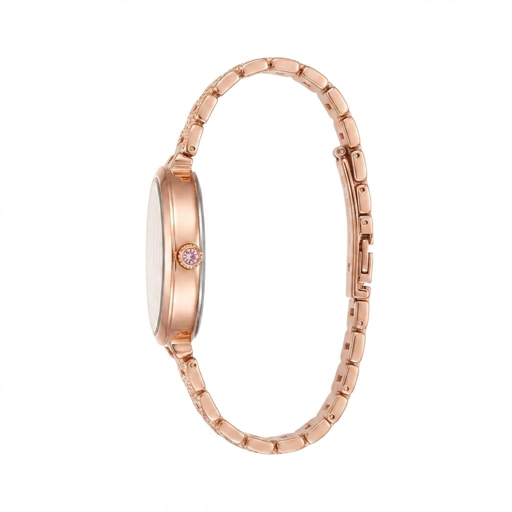 Rose gold women's watch shown from the side profile, featuring a matching rose gold link bracelet and a small round crystal accent on the bezel, set against a plain white background.