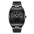 A black stainless steel wristwatch with a round bezel, a matching black dial featuring silver-tone hands and indices, and a black link bracelet, shown against a plain white background.