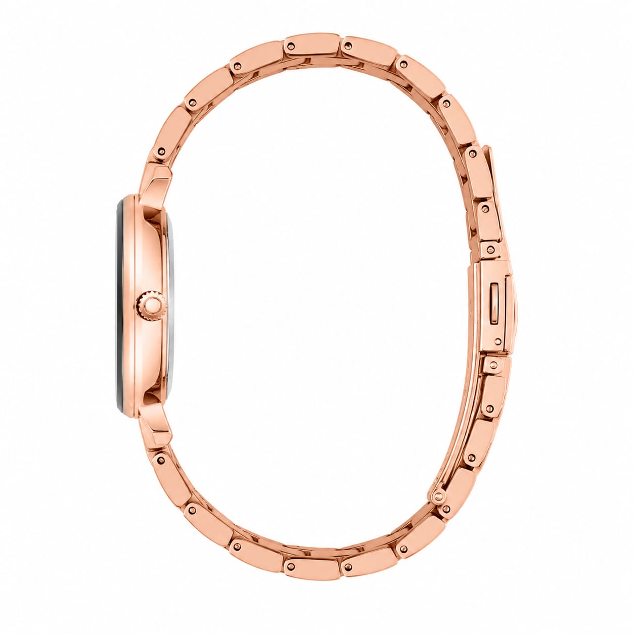 Rose gold metal link watch band shown from the side profile on a white background.