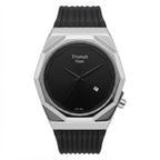 Triumph Time analog watch with a black dial, black textured strap, and a silver-toned geometric case on a white background.