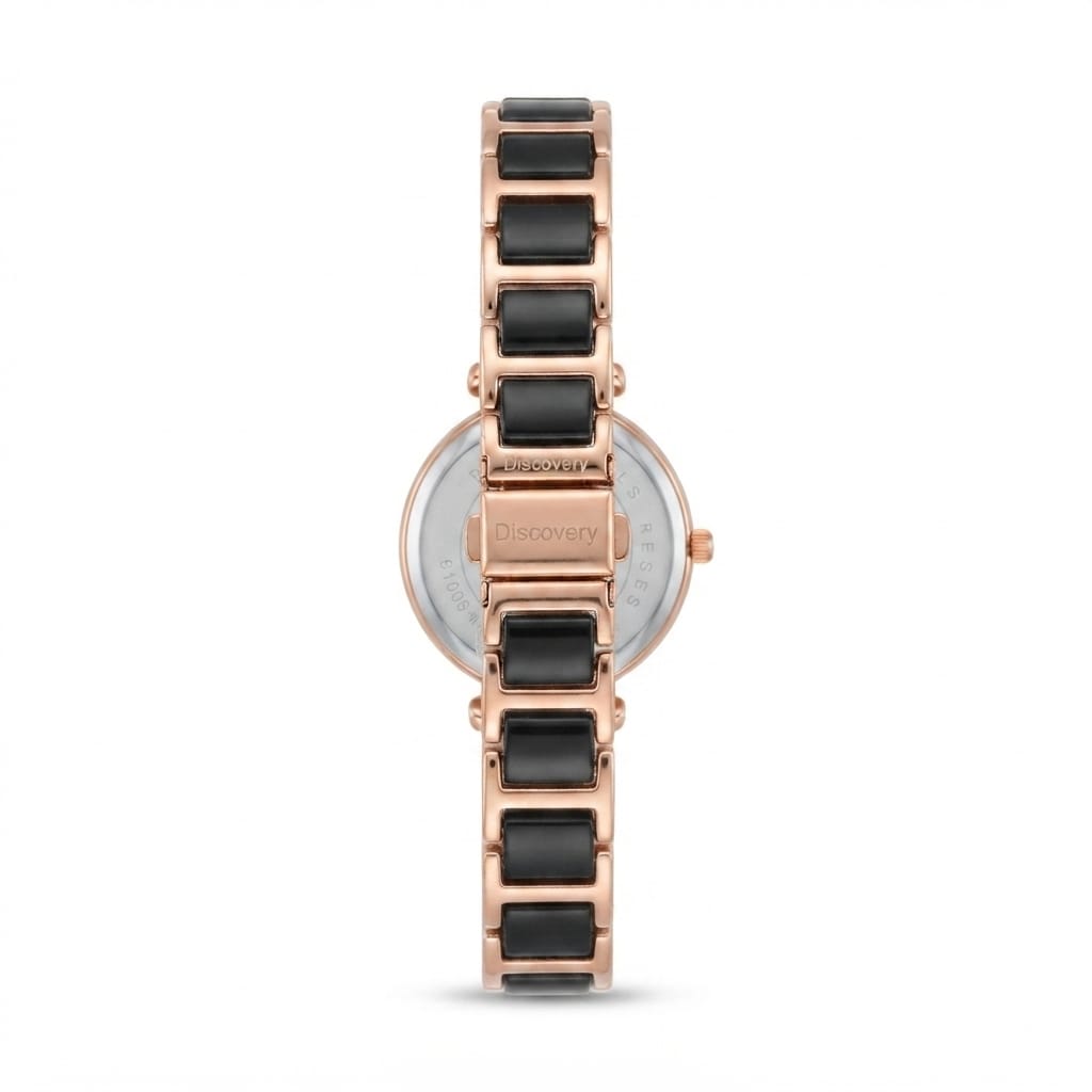 A women's analog watch by Discovery, shown from the back. It features a rose gold-tone metal case and link bracelet with black rectangular inlay segments, a silver-tone circular dial, and a crown on the right side.