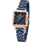A women's square analog watch with a dark blue mother-of-pearl dial, rose gold case, and a matching dark blue metal link bracelet, shown on a plain white background.