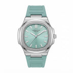 A Universal Point watch featuring a silver stainless steel case and a mint green silicone strap, shown against a plain white background.
