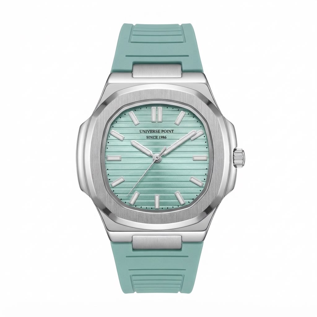 A Universal Point watch featuring a silver stainless steel case and a mint green silicone strap, shown against a plain white background.