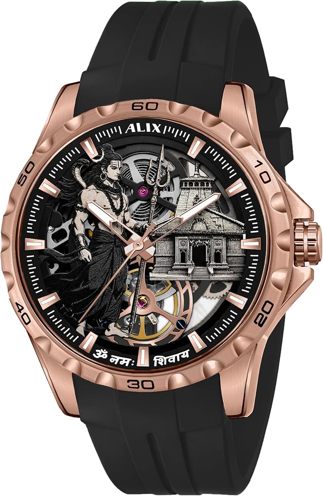 A luxury skeleton watch by Alik, featuring a rose gold-tone case, a black silicone strap, and a detailed black and gray skeleton dial showing a gothic figure and architectural elements.