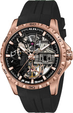 A luxury skeleton watch by Alik, featuring a rose gold-tone case, a black silicone strap, and a detailed black and gray skeleton dial showing a gothic figure and architectural elements.