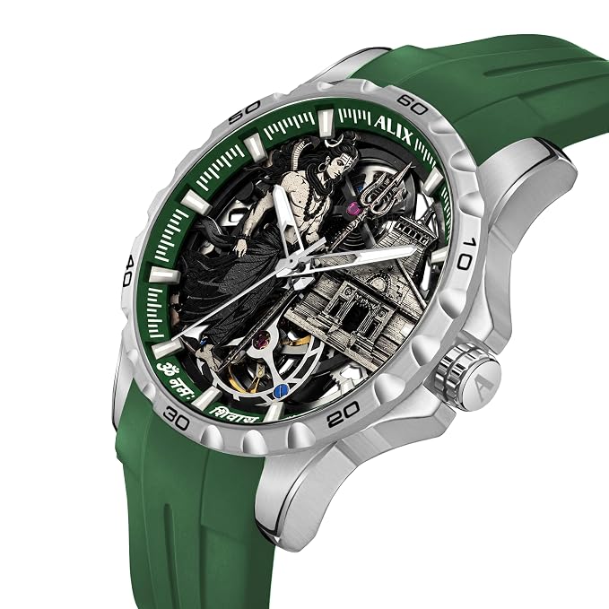 A luxury AUX brand skeleton watch featuring a green silicone strap, a silver stainless steel case, and a detailed black and silver mechanical dial with anime character artwork.