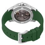 The back view of an ALIX stainless steel watch with a green silicone strap, showcasing the transparent case back and mechanical movement.