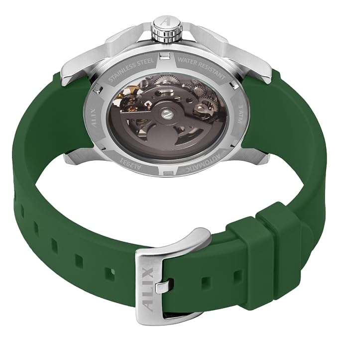 The back view of an ALIX stainless steel watch with a green silicone strap, showcasing the transparent case back and mechanical movement.