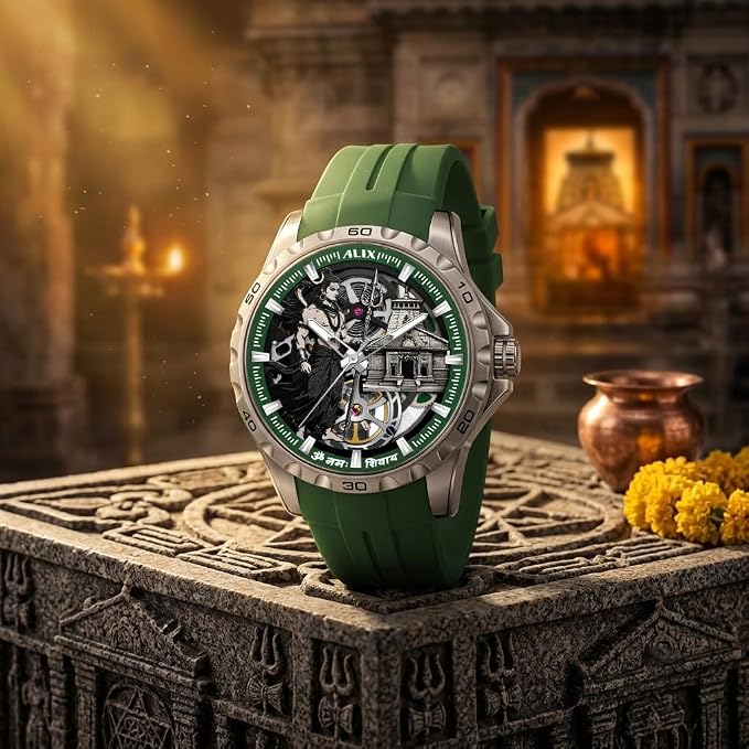 A green and silver skeleton watch with a green strap, displayed on a carved stone pedestal with a warm, atmospheric background.