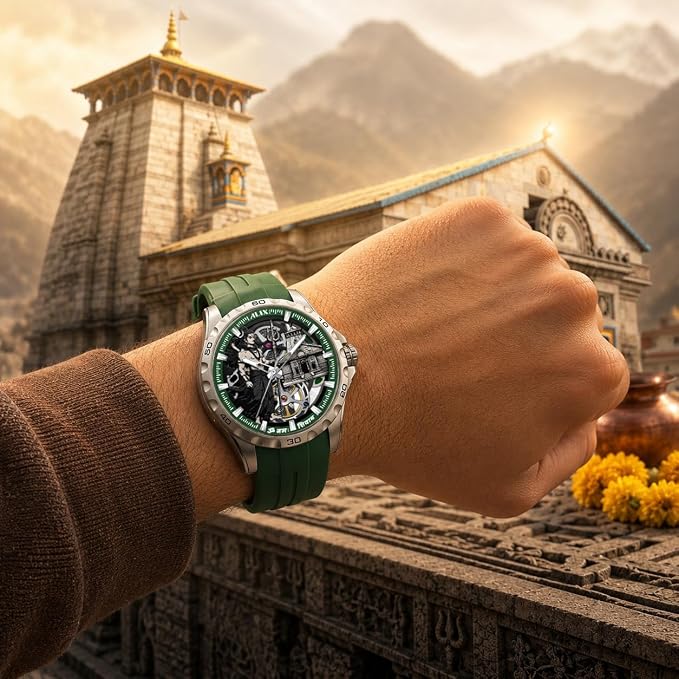 A wrist wearing a green rubber strap watch with a silver-tone case and skeleton dial, posed in front of a temple and mountains.