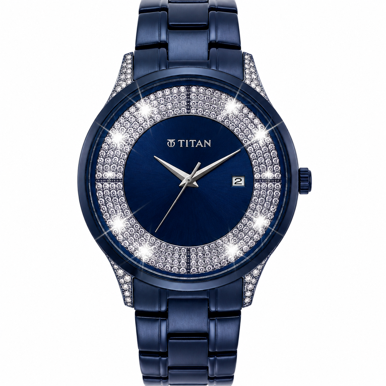 A women's titanium watch with a dark blue dial and matching blue link bracelet, featuring a bezel set with clear crystals and silver-tone hands.