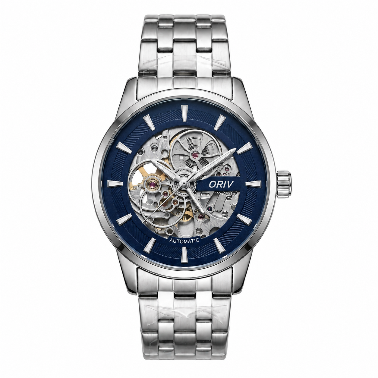 A silver stainless steel automatic watch with a blue skeleton dial, showing the inner mechanical movement. The brand name 'ORIV' is visible on the dial.