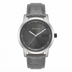 A minimalist wristwatch with a round silver-tone case, a dark gray sunburst dial with silver hands and hour markers, and a matching gray leather strap with an alligator pattern.
