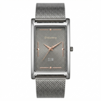 A women's slim rectangular analog watch with a textured gray dial, rose gold hands and markers, and a silver-tone stainless steel mesh strap on a white background.