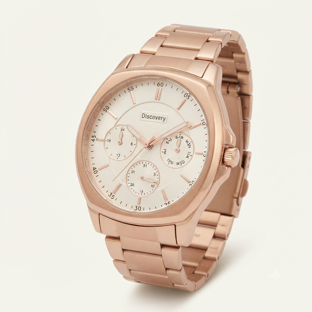 A rose gold men's Discovery watch with a cream dial.