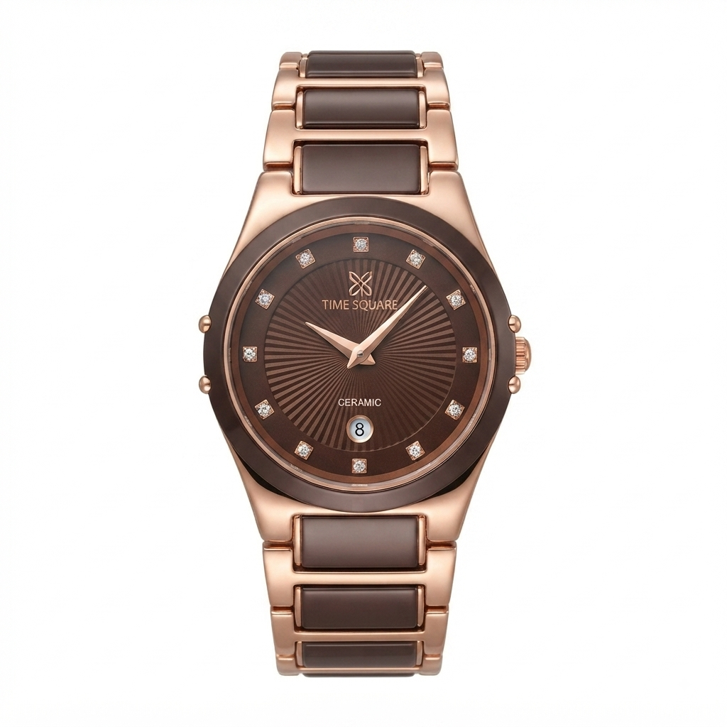 A women's analog watch with a rose gold-tone metal case and ceramic link bracelet, featuring a dark brown sunburst dial with crystal hour markers and a date window.
