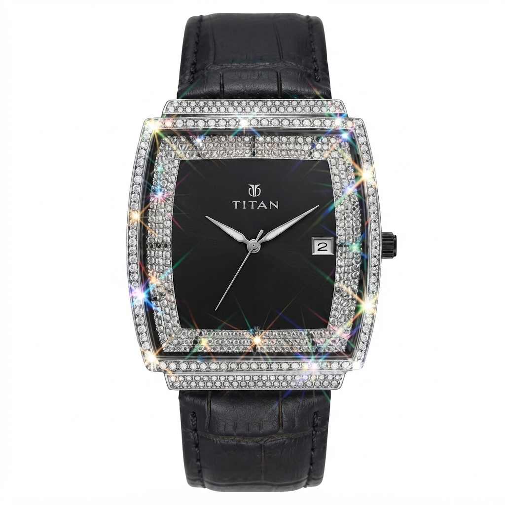 A luxury men's watch featuring a rectangular black dial, a silver-tone case encrusted with clear rhinestones, and a black alligator-textured leather strap. The brand name 'TITAN' is printed on the dial.