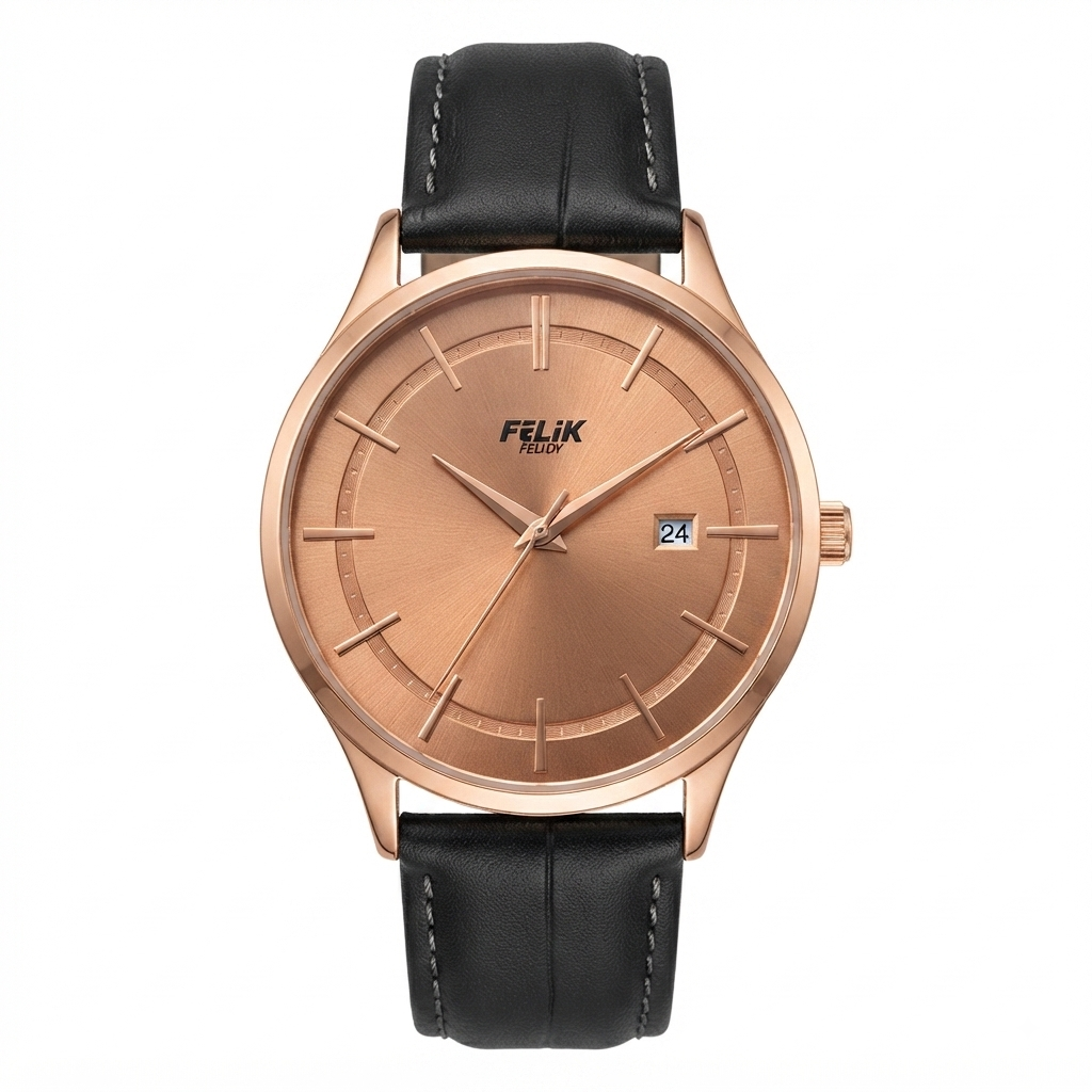 A men's wristwatch with a rose gold-toned round dial and case, paired with a black leather strap featuring white stitching. The dial has slim rose gold hour markers and hands, a date window at the 3 o'clock position, and the FELIK PARIS brand name printed above it.