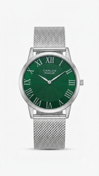Carlos Philip wristwatch with a green dial, Roman numeral hour markers, and a silver mesh strap, shown against a light gray background.