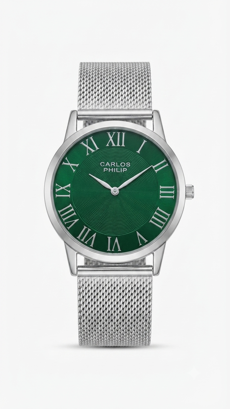Carlos Philip wristwatch with a green dial, Roman numeral hour markers, and a silver mesh strap, shown against a light gray background.