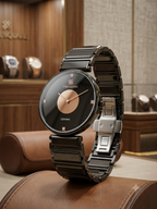 A luxury ceramic watch with a black round dial, rose gold center accent, and a black ceramic link bracelet, displayed on a brown leather surface in a high-end watch boutique.
