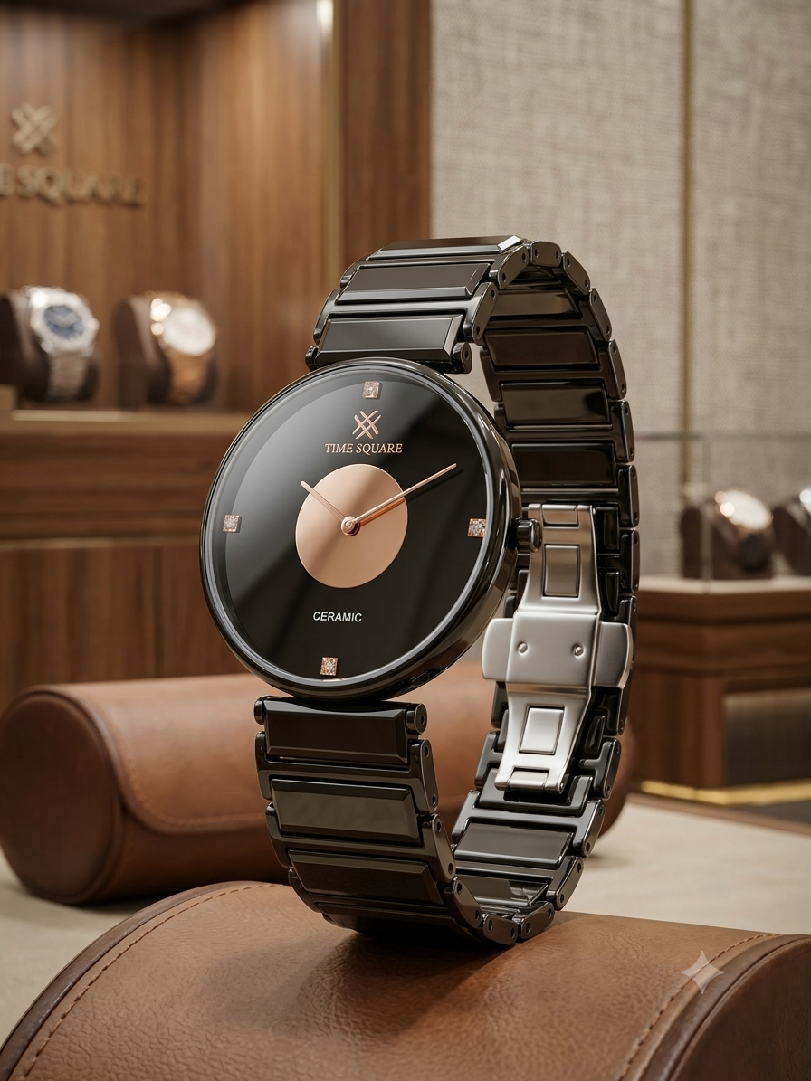 A luxury ceramic watch with a black round dial, rose gold center accent, and a black ceramic link bracelet, displayed on a brown leather surface in a high-end watch boutique.
