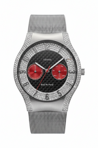 A Bering men's watch featuring a silver-tone mesh strap, a bezel encrusted with clear rhinestones, and a black carbon-fiber dial with two prominent red subdials.