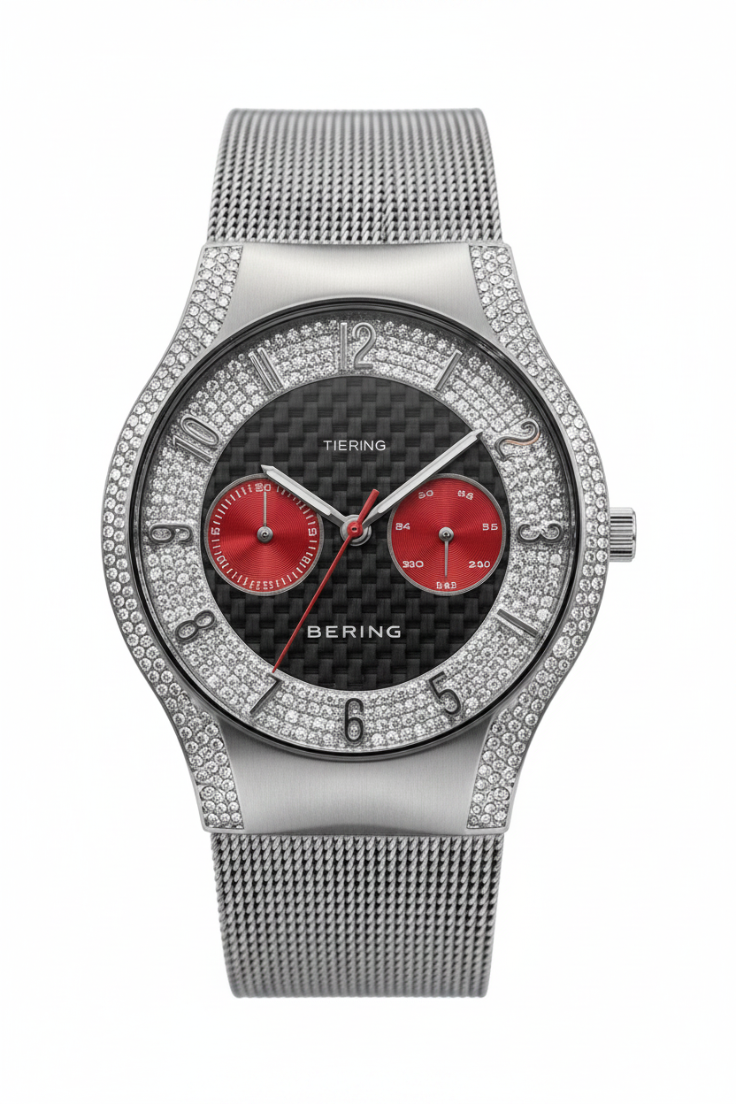 A Bering men's watch featuring a silver-tone mesh strap, a bezel encrusted with clear rhinestones, and a black carbon-fiber dial with two prominent red subdials.