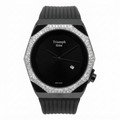 A Triumph Time watch with a black octagonal case, a bezel paved with clear crystals, and a black textured strap, shown against a plain white background.