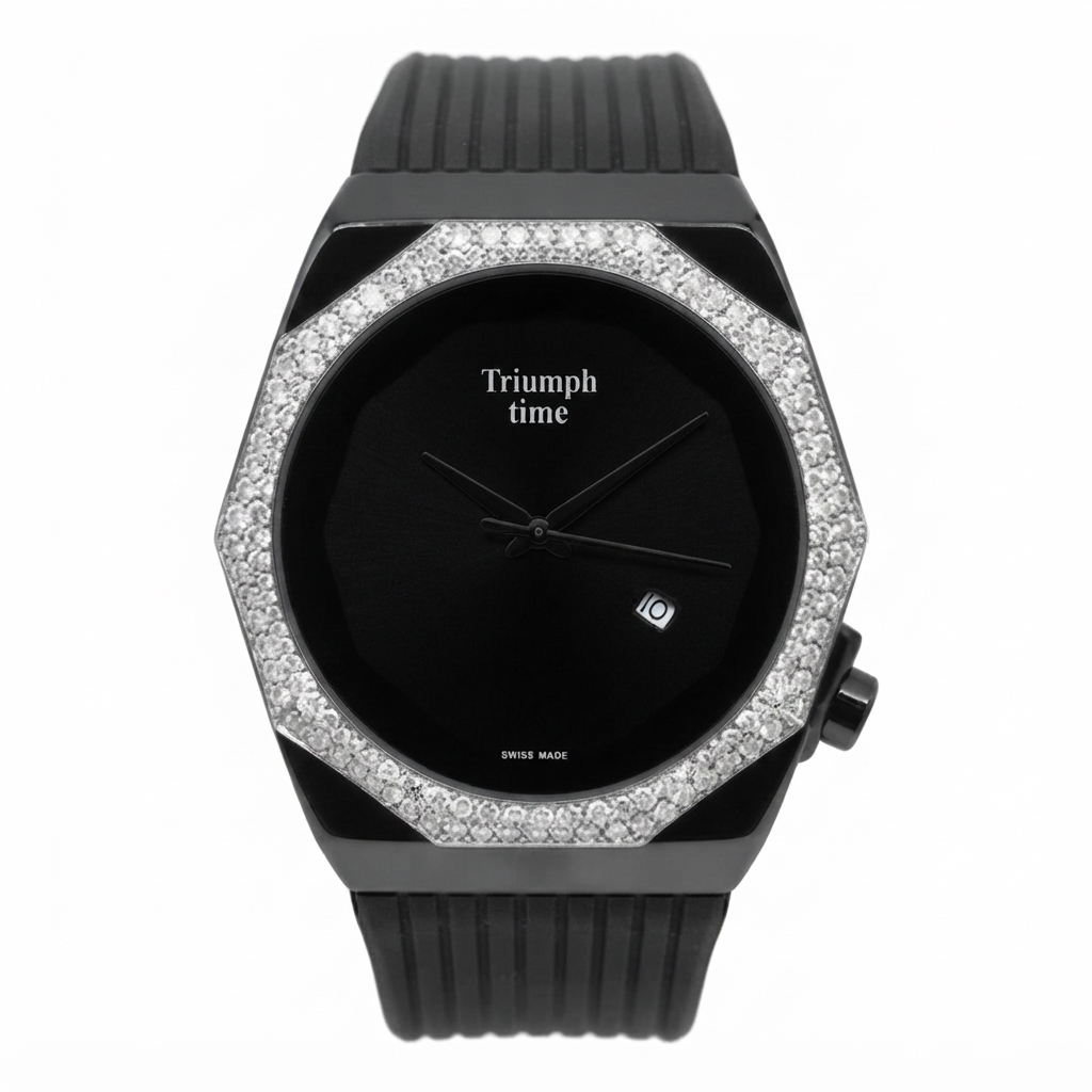A Triumph Time watch with a black octagonal case, a bezel paved with clear crystals, and a black textured strap, shown against a plain white background.