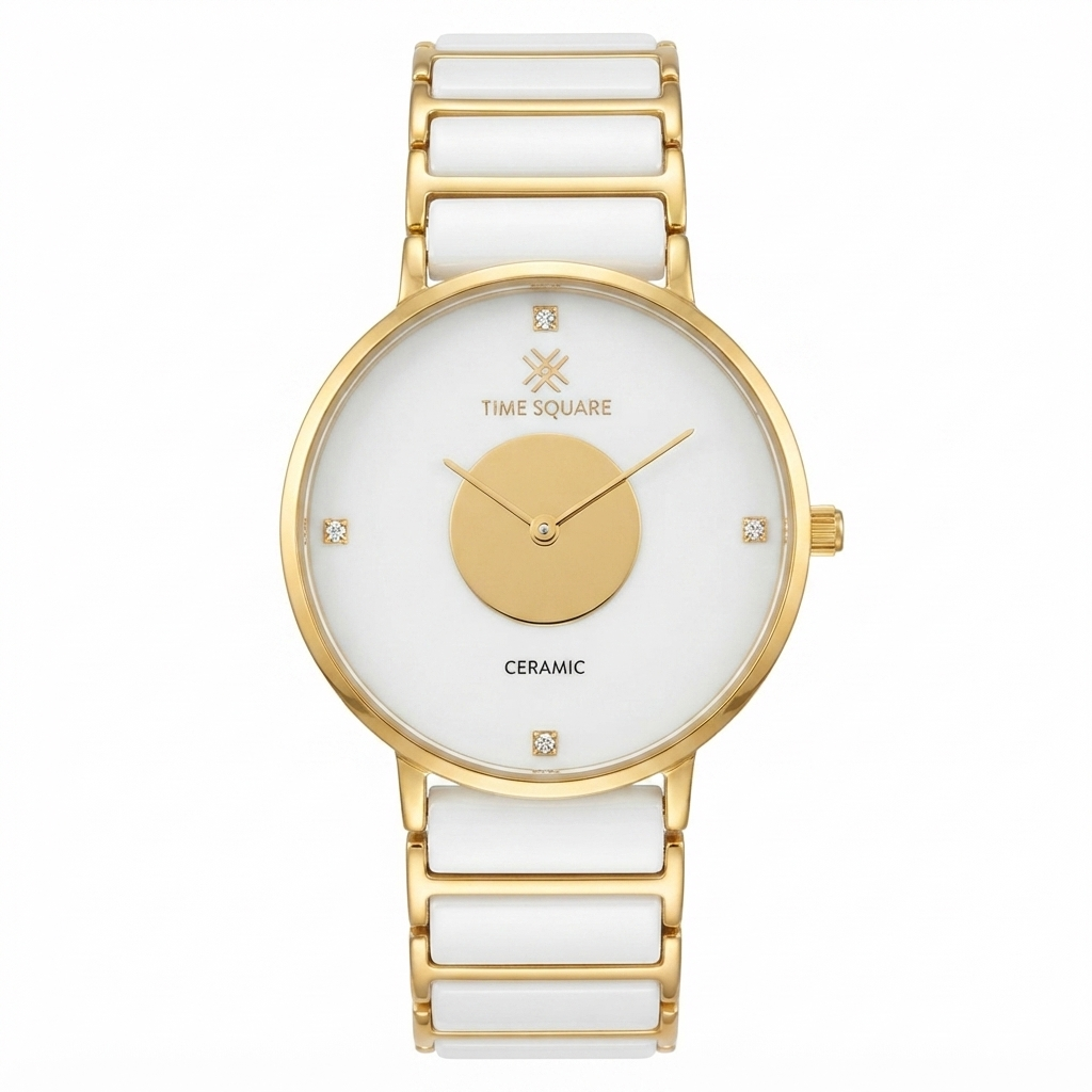 A women's analog watch by Time Square with a white ceramic link bracelet, a white dial, and a gold-tone case and hands. The dial features a central gold circle and small crystal hour markers.