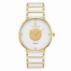 A women's analog watch by Time Square with a white ceramic link bracelet, a white dial, and a gold-tone case and hands. The dial features a central gold circle and small crystal hour markers.