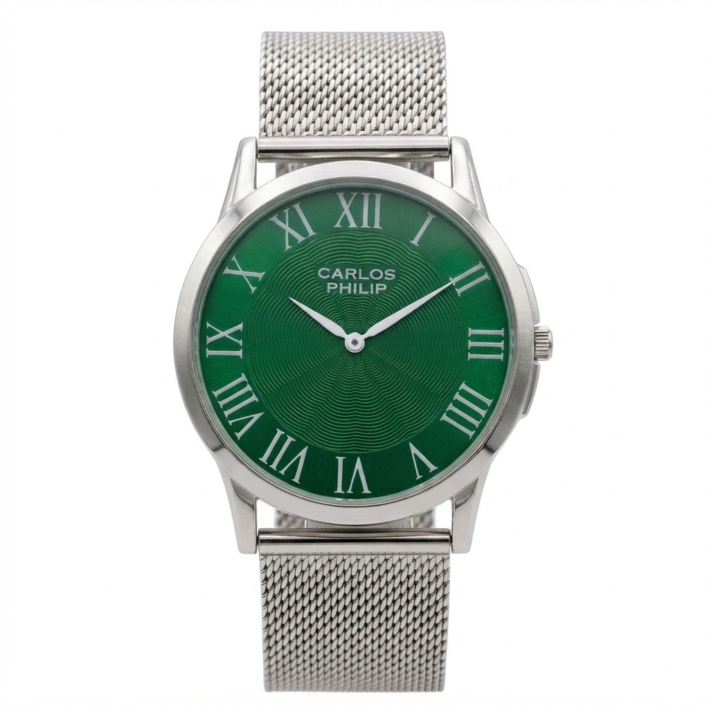 Carlos Philip men's watch featuring a silver stainless steel mesh strap, a silver-tone case, and a textured green dial with Roman numerals.