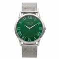 Carlos Philip men's watch featuring a silver stainless steel mesh strap, a silver-tone case, and a textured green dial with Roman numerals.