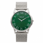 Carlos Philip men's watch featuring a silver stainless steel mesh strap, a silver-tone case, and a textured green dial with Roman numerals.