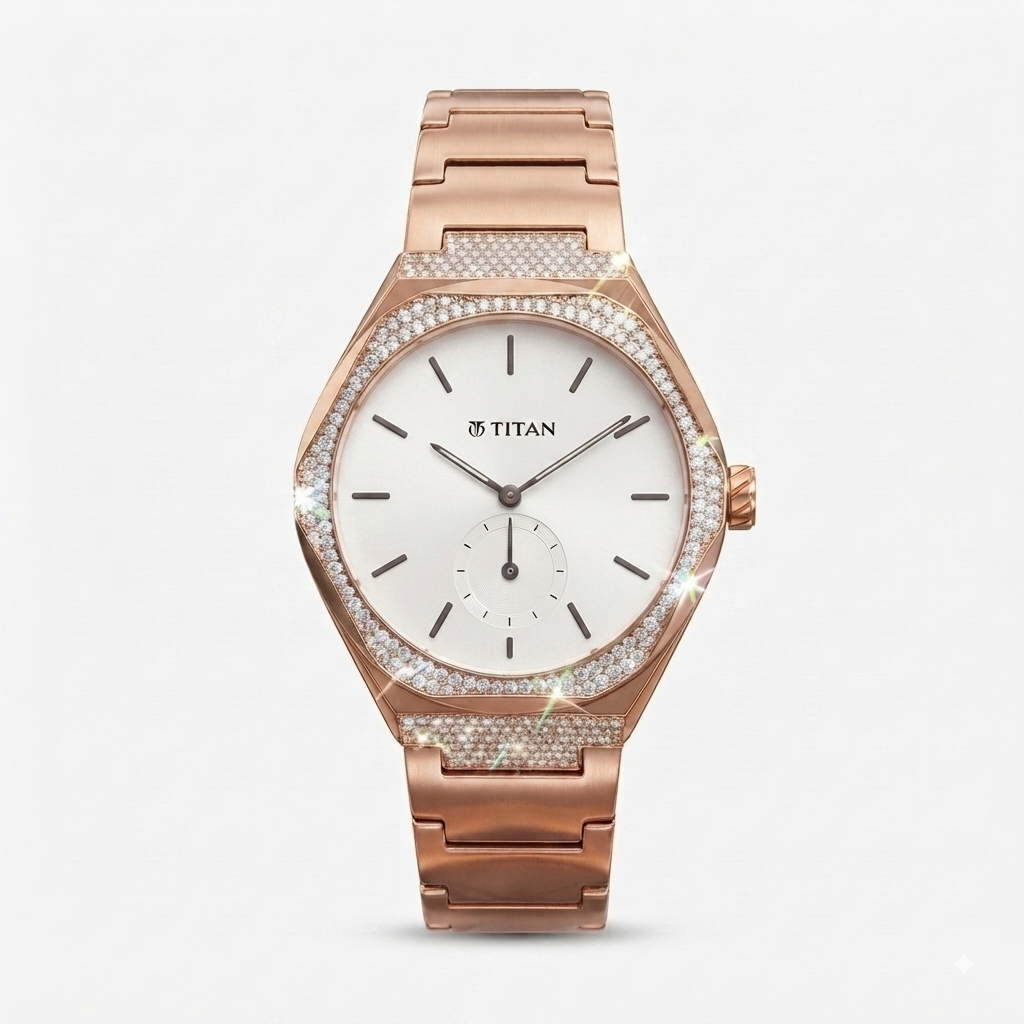 Titan women's watch featuring a rose gold metal case and bracelet, a white dial with slim black indices, and a bezel and lower case accent encrusted with clear pavé stones, shown on a light gray background.