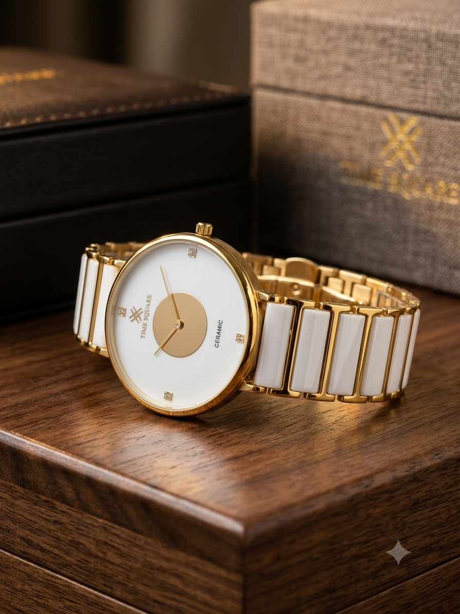 A women's analog watch by Time Equation, featuring a gold-tone case, white ceramic links, and a white dial with a gold center accent, displayed on a wooden surface next to its branded packaging.
