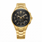 A gold-tone stainless steel chronograph watch with a black dial, featuring three sub-dials, gold-tone hands and markers, and a matching gold-tone link bracelet on a white background.