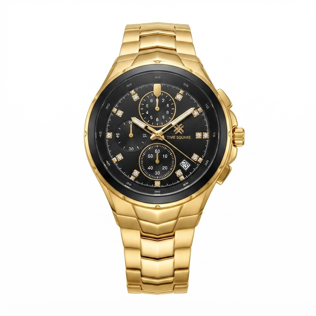 A gold-tone stainless steel chronograph watch with a black dial, featuring three sub-dials, gold-tone hands and markers, and a matching gold-tone link bracelet on a white background.
