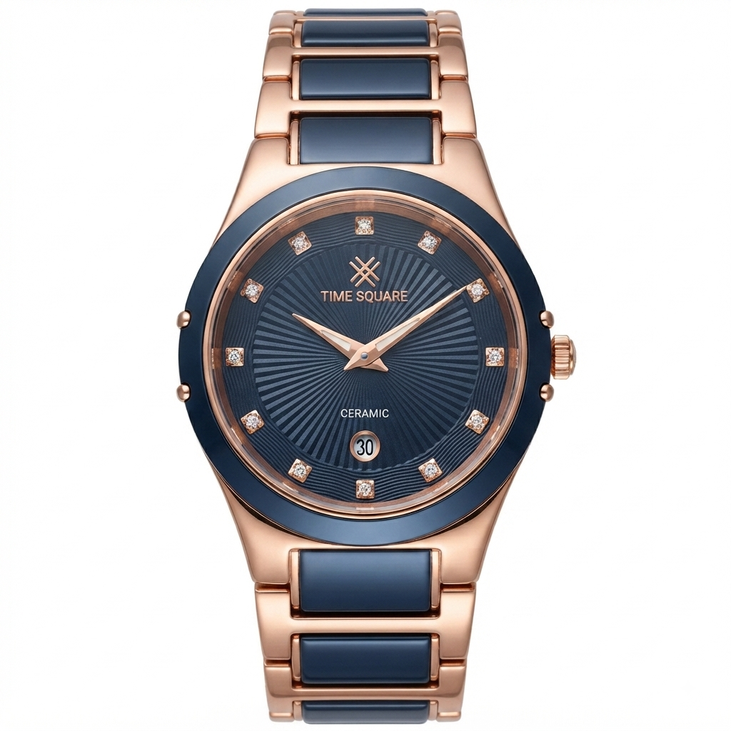 A women's analog watch by Time Square featuring a rose gold-tone case and link bracelet with dark blue ceramic inlays, a dark blue sunburst dial, and crystal hour markers.