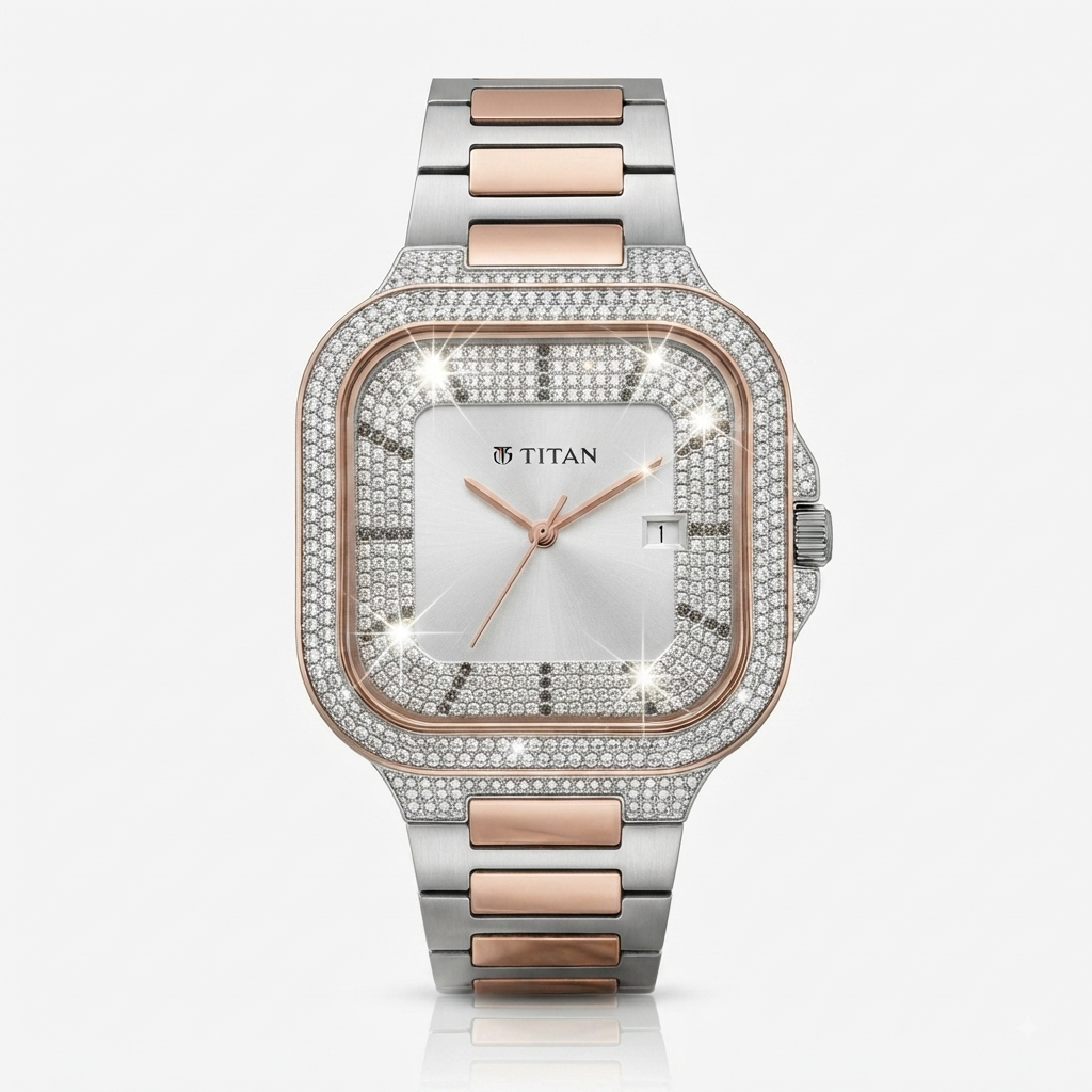 A two-tone stainless steel and rose gold watch by TITAN, featuring a square bezel paved with clear crystals, a white dial with rose gold hands, and a matching two-tone link bracelet.