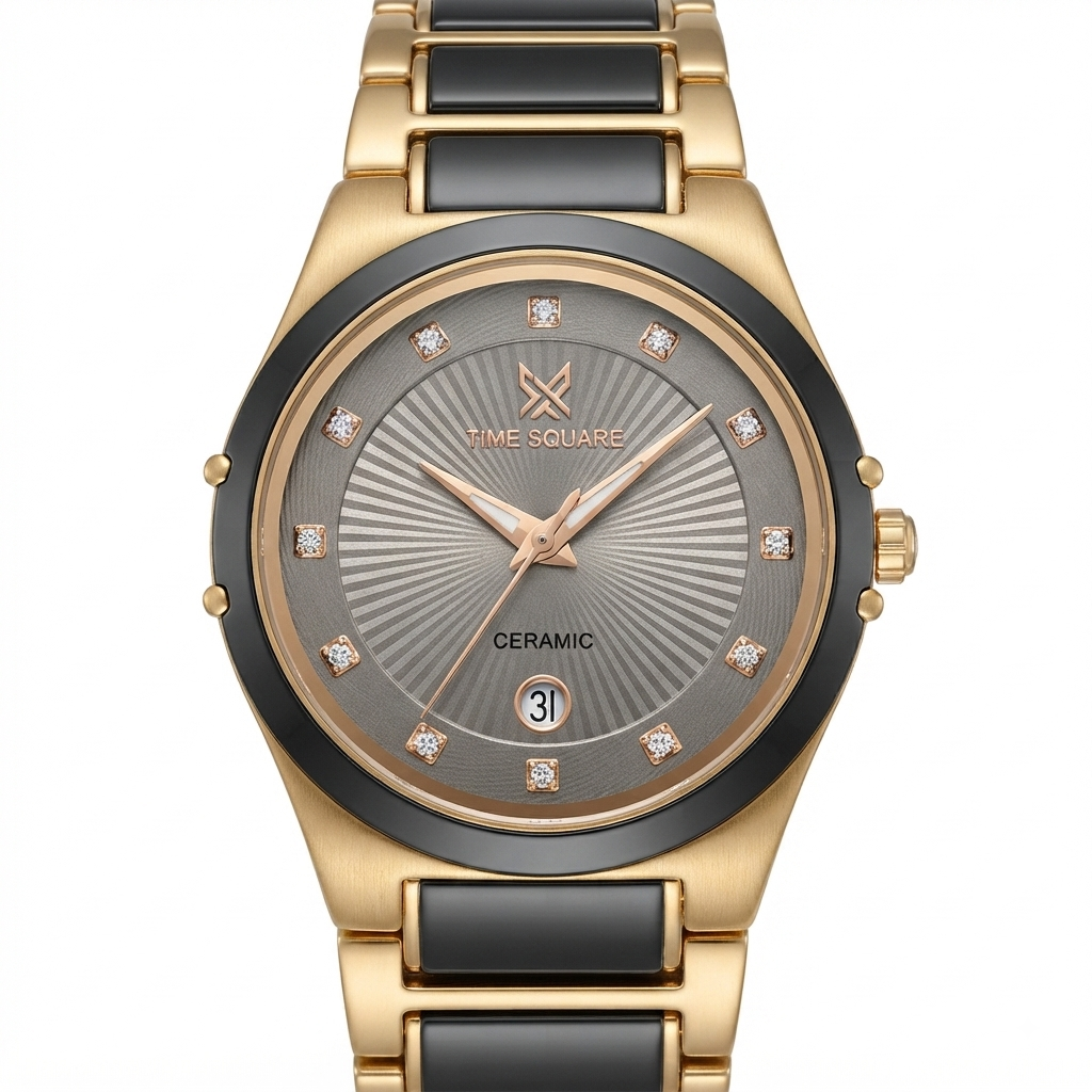 A women's quartz watch by Time Square featuring a gold-tone stainless steel case and bracelet with black ceramic inlays, a gray sunburst dial, and crystal hour markers.
