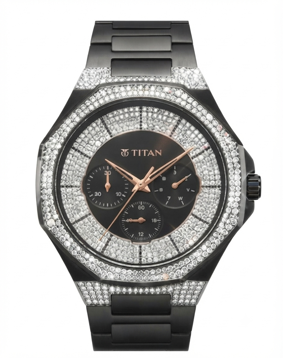 A luxury men's watch by TITAN, featuring a black stainless steel case and bracelet, a black dial with rose gold accents, and a bezel and case accented with rows of sparkling clear crystals.