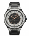 A luxury men's watch by TITAN, featuring a black stainless steel case and bracelet, a black dial with rose gold accents, and a bezel and case accented with rows of sparkling clear crystals.