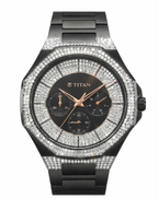 A luxury men's watch by TITAN, featuring a black stainless steel case and bracelet, a black dial with rose gold accents, and a bezel and case accented with rows of sparkling clear crystals.
