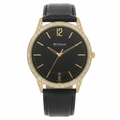 A TITAN men's analog watch featuring a black textured leather strap, a black dial with gold-tone hands and markers, and a gold-tone case accented with a bezel of clear crystals.